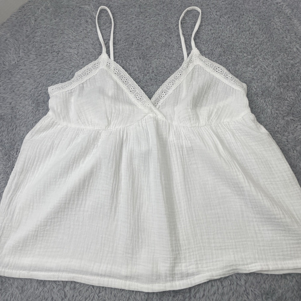 Laura Ashley Camisole Top Womens  M White Cotton Gauze Eyelet Lace Smocked